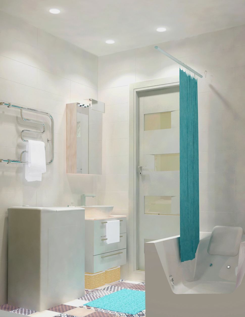 Визуализация ванной комнаты 3 кв.м. в светлых тонах, полотенцесушитель, стиральная машина, мойка, зеркальный шкаф