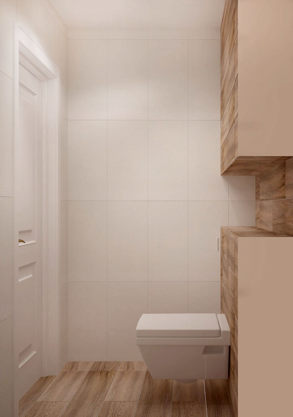 Визуализация санузла 2 кв.м в древесных и белых оттенках, туалет, плитка, светильник